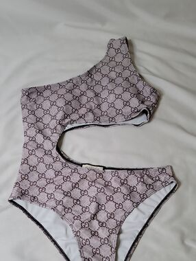 Gucci One-Shoulder Cutout Monogram Swimsuit - Beige/Brown
